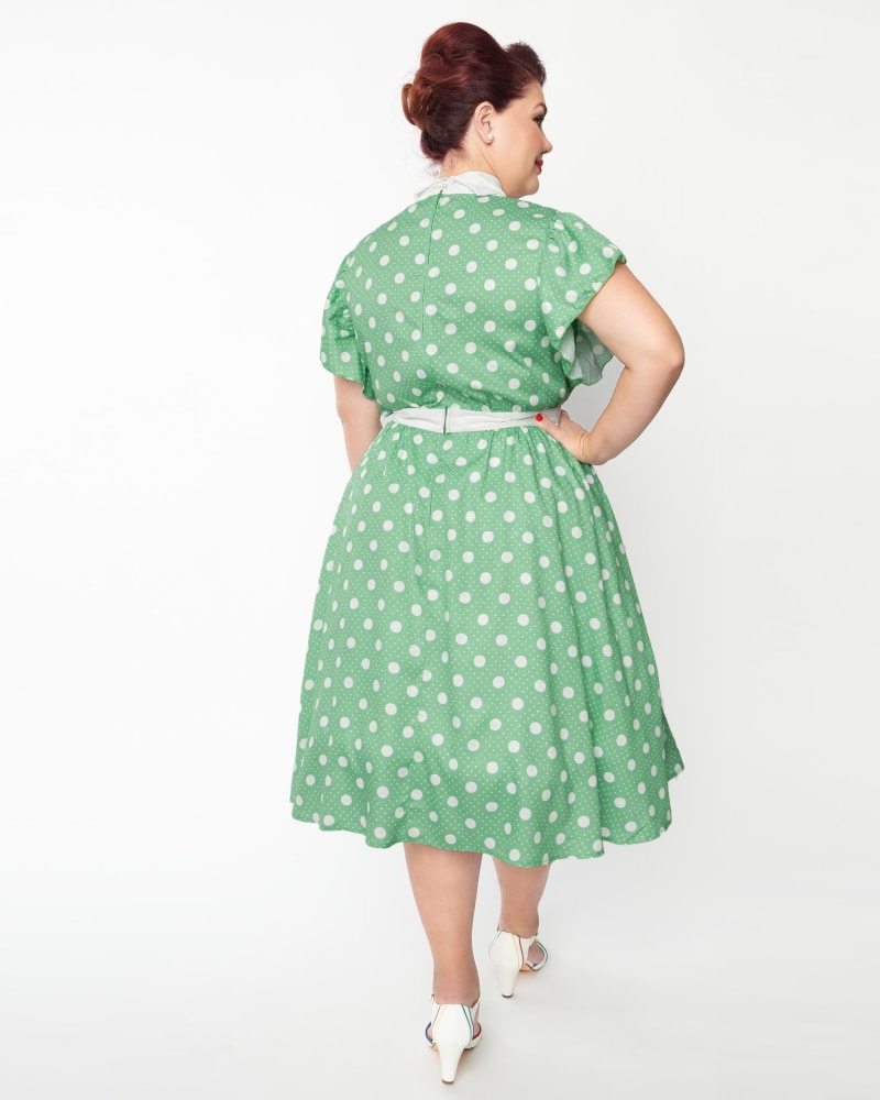 Unique Vintage Plus Size Sage White Polka Dot Flutter Swing Dress